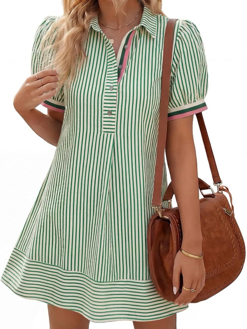 Green & White Striped Puff Sleeve Polo Mini Dress size small